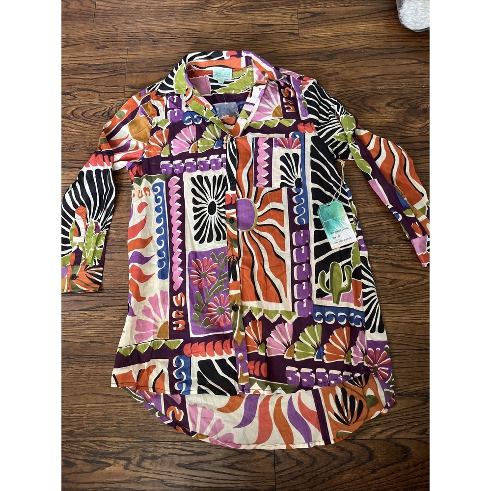 True Destinations Women's Long Sleeve Multicolor Tunic Button Up Coverup Size XS